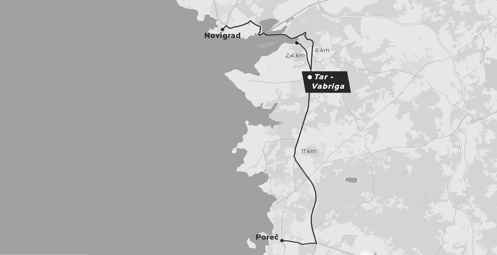 Map showing Velora's location in Tar-Vabriga relative to Novigrad and Poreč