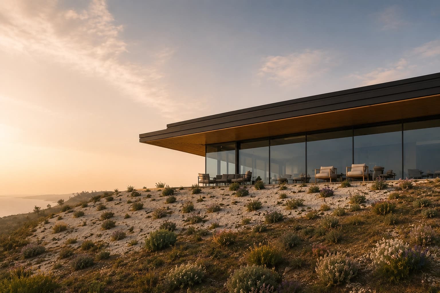 Modern Istrian winery on a hillside at sunset